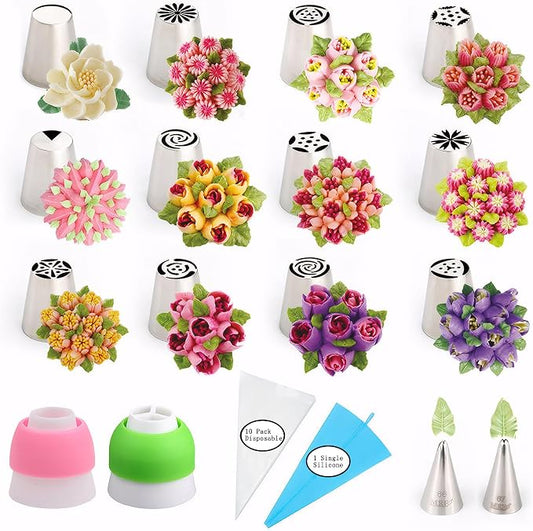 Russian Piping Tips Set: Stainless Steel Cake Decorating Tips, 27 Pcs Baking Piping Bags and Tips Set, 12 Flower Frosting Tips 2 Leaf Piping Tip 10 Pastry Bags 2 Couplers 1 Reusable Silicone Bag