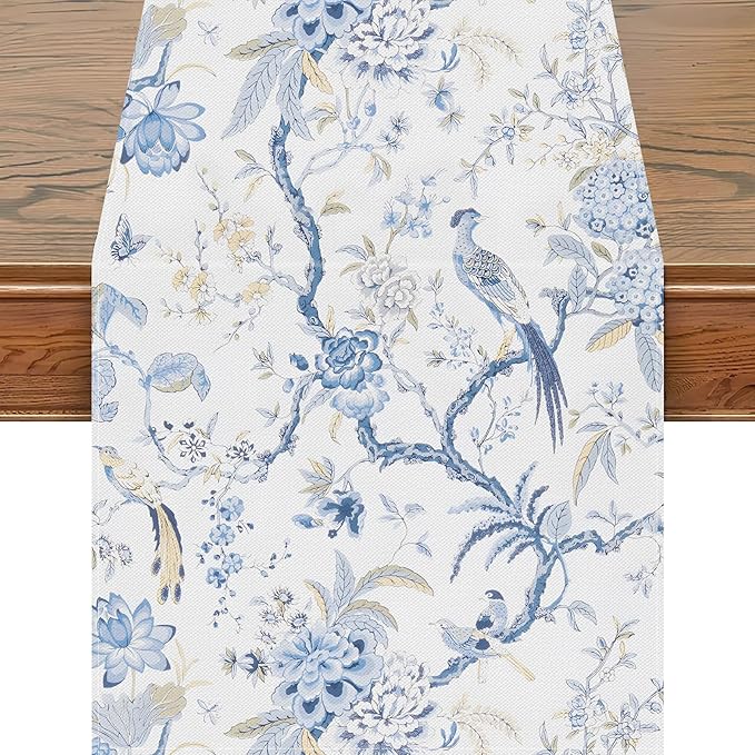 Snycler 13x108 Inch Table Runner Blue White Bird Flower Chinoiserie Table Runners Modern Elegant Luxury Farmhouse Geometric Table Center White Linen Decor for Home Dining Party Entrance