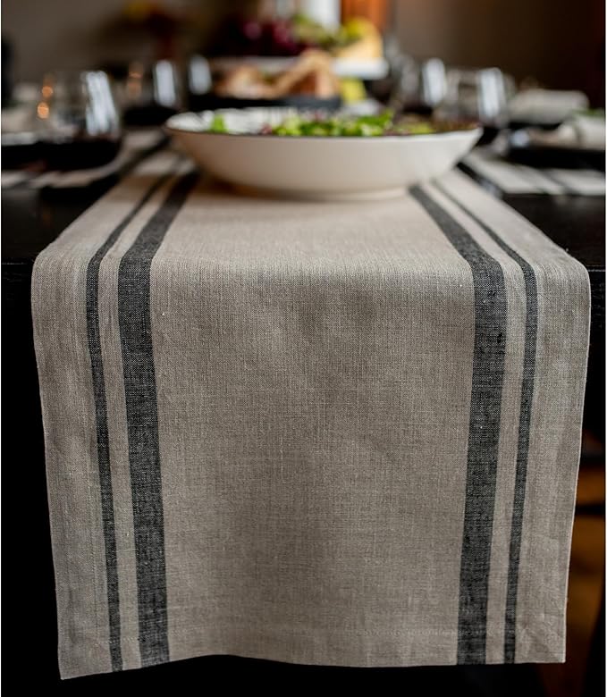 Solino Home Linen Table Runner 120 Inches Long - 100% Pure Linen Black and Natural French Stripe Table Runner 14 x 120 Inch for Dining, Spring, Summer