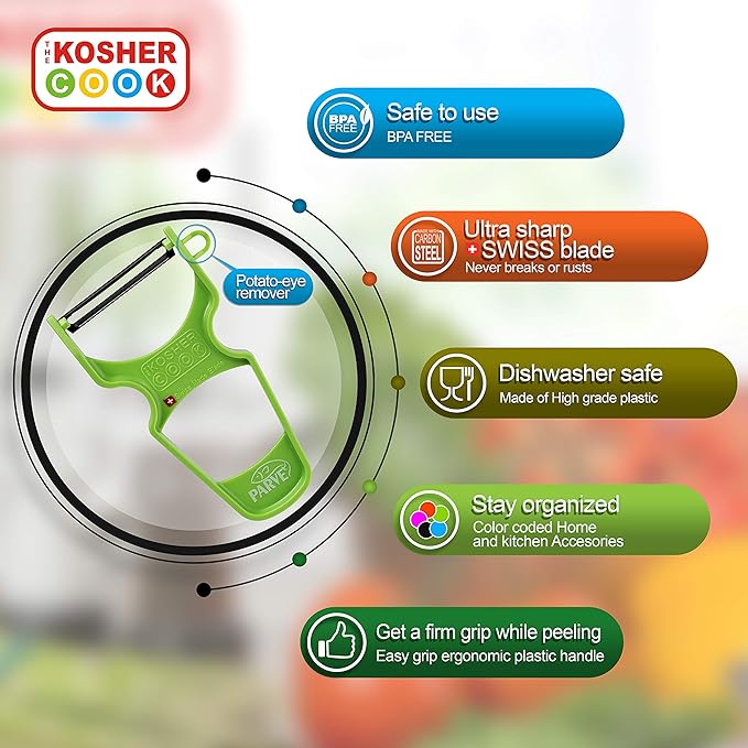 The Kosher Cook Y Vegetable Peeler - Heavy Duty, Ultra Sharp Stainless Steel Blade - Swiss Peeler - Ergonomic Plastic Handle - Color Coded Kitchen Tools - Green