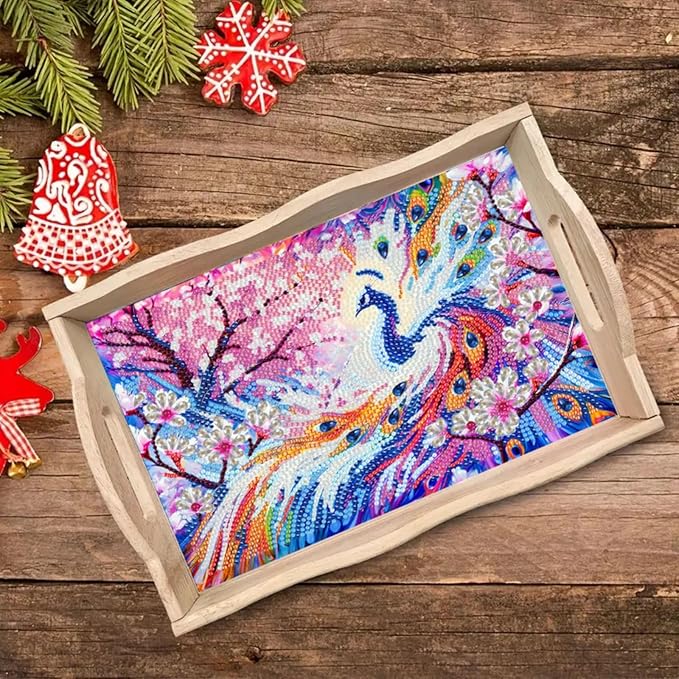 ARTopet DIY Diamond Serving Tray Diamond Art Painting Creative Design Handmade Wooden Tray Dinner Plate for Coffee Breakfast Home Organizer-Peafowl