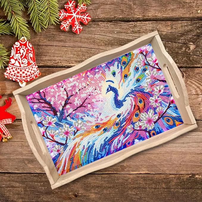 DIY Diamond Serving Tray Rectangular Wooden Breakfast Tray with Handle Handmade Diamond Art Painting Spring Creative Dinner Plate Coffee Room Living Home Organizer-Peafowl