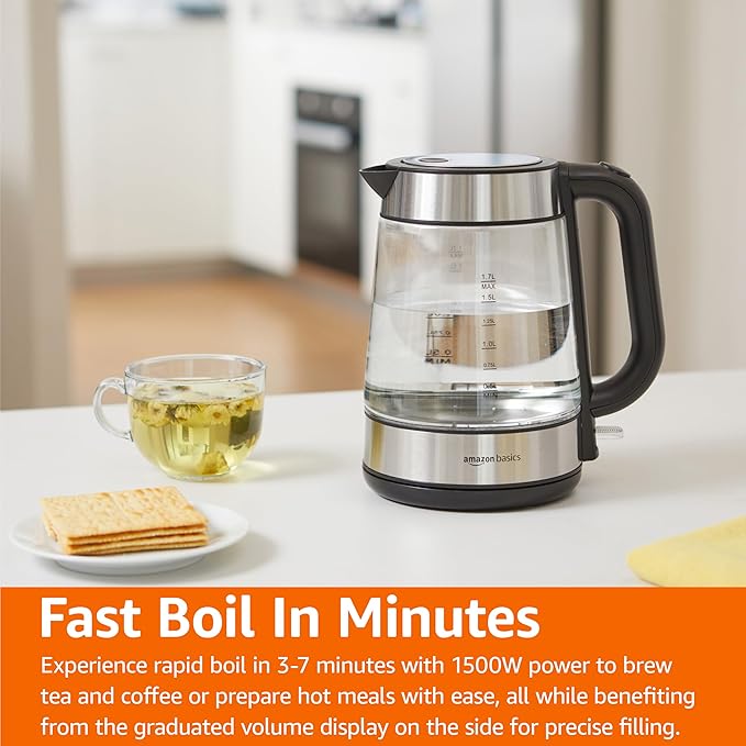 Amazon Basics Electric Kettle with Glass Carafe for Tea and Coffee, BPA-Free, Fast Boiling, Auto Shut-Off, Boil-Dry Protection, Water Level Indicator, 1.7 Liter, 1500W, Black and Silver