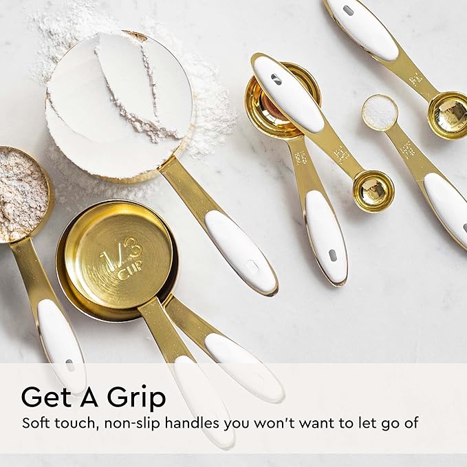 White and Gold Measuring Cups and Spoons Set – 8-Piece Stackable Stainless Steel Measuring Set – Stylish Gold Kitchen Accessories for Precise Baking and Cooking, Ideal Gift for Bakers and Chefs