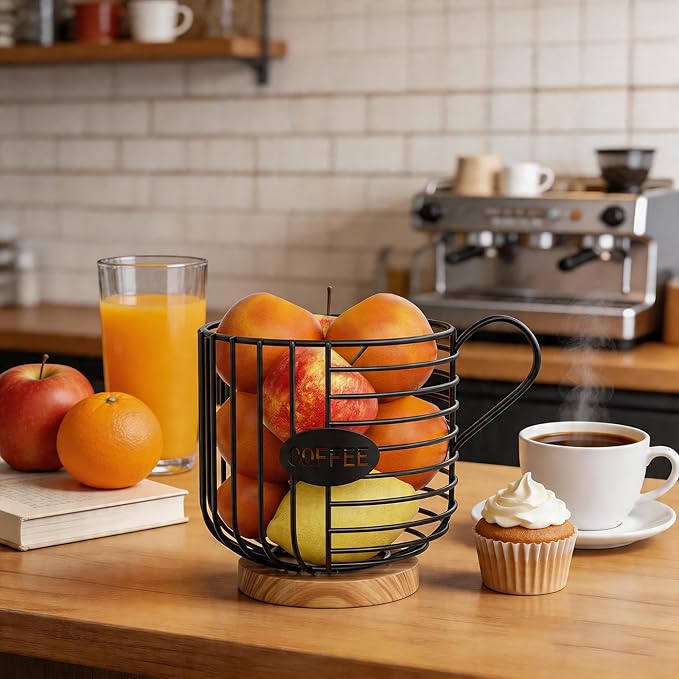 Coffee Pod Holder, 45+ Large Capacity Wire K Cup Storage Organizer with Solid Wood Base, Anti-Slip Coffee Capsule Holder for Kitchen Bar Counter, Compatible with K-Cups/Nespresso Espresso Capsules