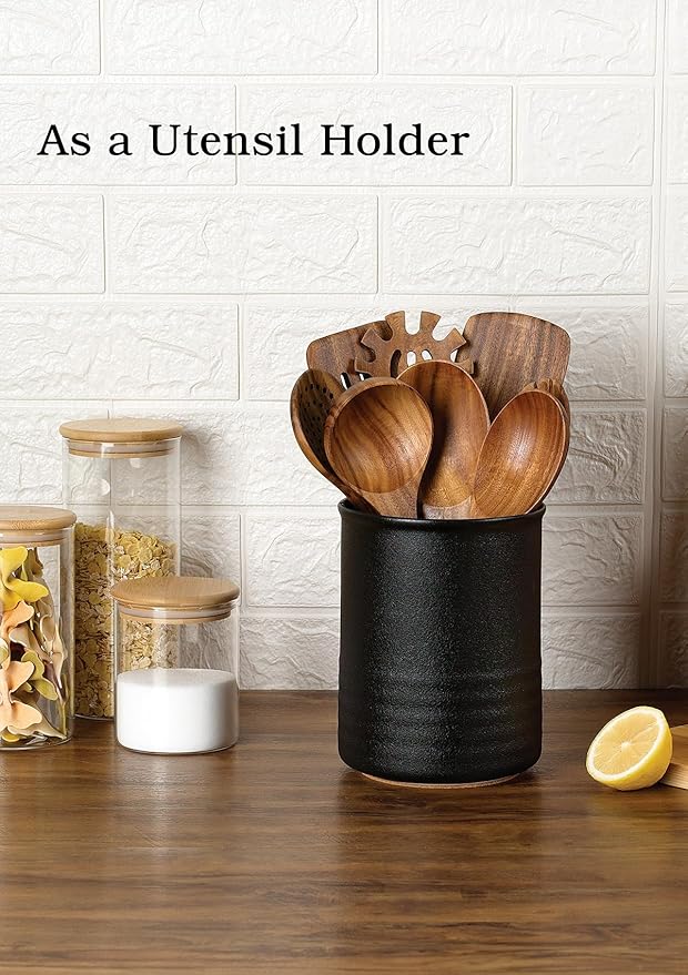 ABRUTY Utensil Holder, 6.7" Ceramic Kitchen Utensil Crock for Countertop Cooking, Modern Utensil Caddy Jar Organizer for Farmhouse Kitchen Counter Décor, Textured Black
