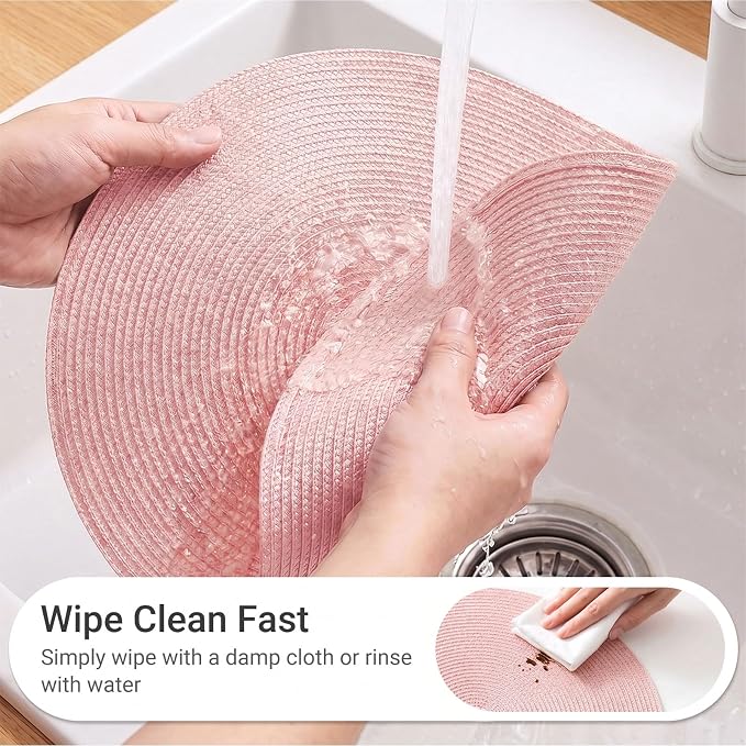 FunWheat Round Braided Placemats Set of 4 Table Mats for Dining Tables Woven Washable Non-Slip Place mats 15inch (Pink, 4pcs)