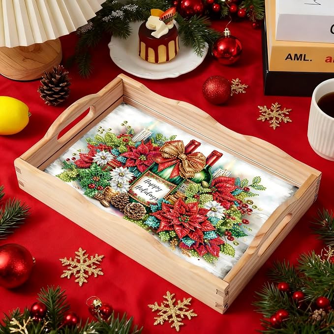 BAYUNOE DIY Diamond Serving Tray Christmas Rectangular Breakfast Tray with Handle Handmade Diamond Art Painting Wooden Tray for Dinner Plate Coffee Room Living Home Organizer-Champagne