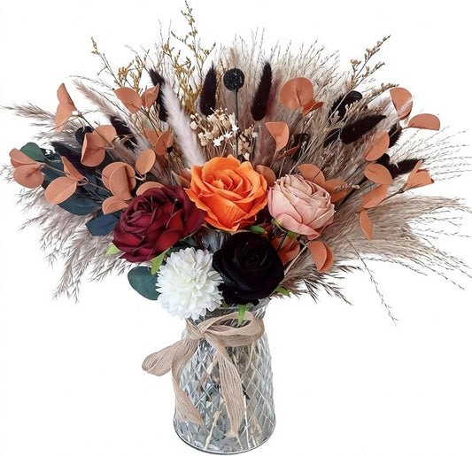 Vase with Artificial Flower Arrangemets Centerpieces for Dining Table Decorations,Faux Dried Pampas Grass Floral Decor, Fake Flowers in Vase for Home,Kitchen,Rustic Decoration(Orange)