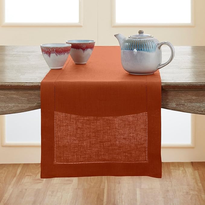 Solino Home Linen Cinnamon Table Runner 90 Inches Long - 100% Pure Linen Hemstitch 14 x 90 Inch Table Runner for Dining - Classic Hemstitch