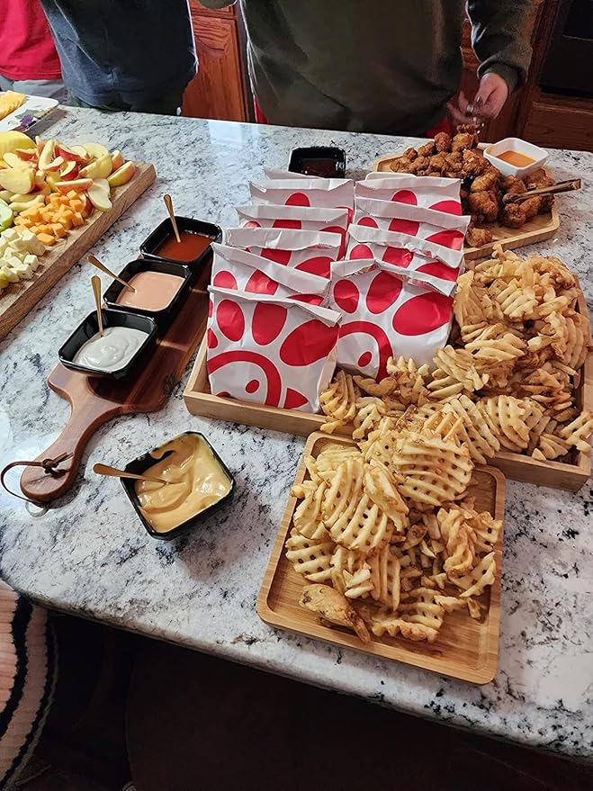 Bamboo Serving Trays 16.5"x11.8"（42x30cm with Handle, Set Includes 0.63"(1.6cm) Thick Dinner Plates Hexagon 12.5"(32cm)+Rectangle 9.8"(25cm)*5.9"(15cm)+Square 5.9"(15cm)
