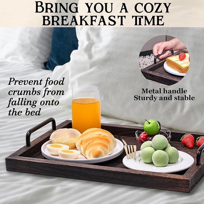 Lightweight Wood Serving Trays with Metal Handles, Set of 2 Nesting Wooden Ottoman Tray for Living Room, Farmhouse Wooden Trays for Decor, Breakfast, Dinner, Drinks, Coffee Table Tray, Brown