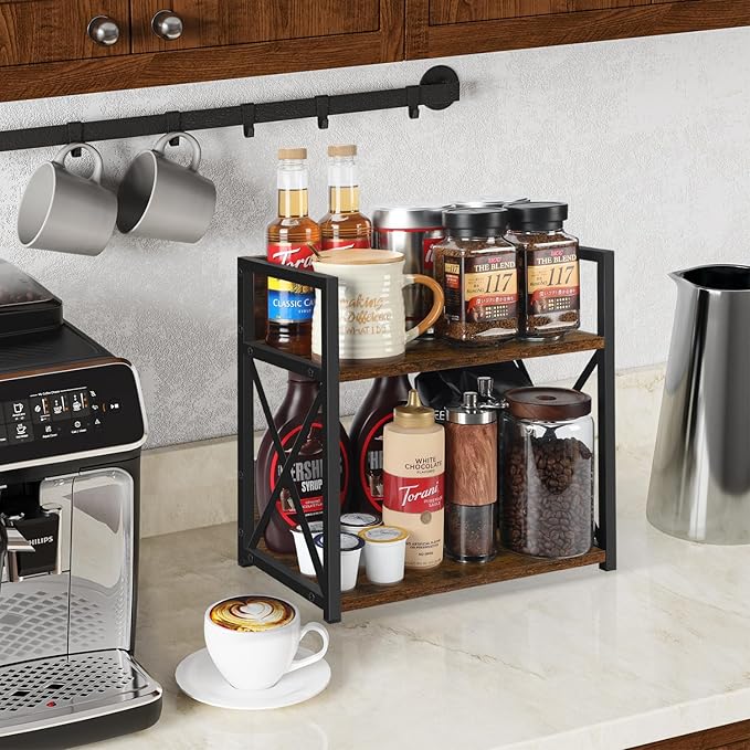 YINMIT Countertop Shelf Organizer,Coffee Bar Accessories,Spice Rack,Coffee Counter Shelf,2 Tier Coffee Organizer Station for Mugs,Cups,Cream,Syrup(Rustic Brown, Medium)