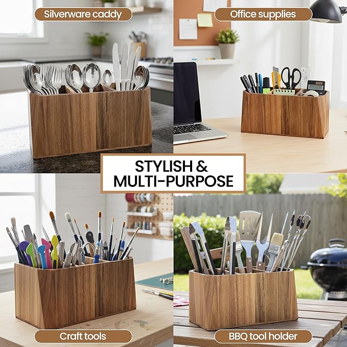 Large Kitchen Utensil Holder for Countertop – Acacia Wood Utensil Organizer with 3 Compartments, Beveled Edges Design, Non-Slip Silicone Pads & Drain Hole – Rustic Farmhouse Utensil Caddy Crock