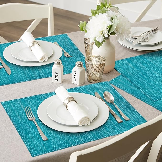 Niviy Teal Blue Placemats Set of 4, 12x18 Inch Washable Easy to Clean Heat-Resistant Anti-Skid Teal Blue Placemats for Holiday Party Kitchen Dining Room Decoration