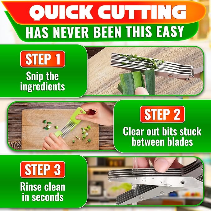 Herb Scissors with 5 Blades and Cover – Stainless Steel Herb Cutter with Ergonomic Handle and Cleaning Brush, Dishwasher Safe Design – 5x Faster Cutting of Cilantro, Parsley, Green Onion & Fresh Herbs