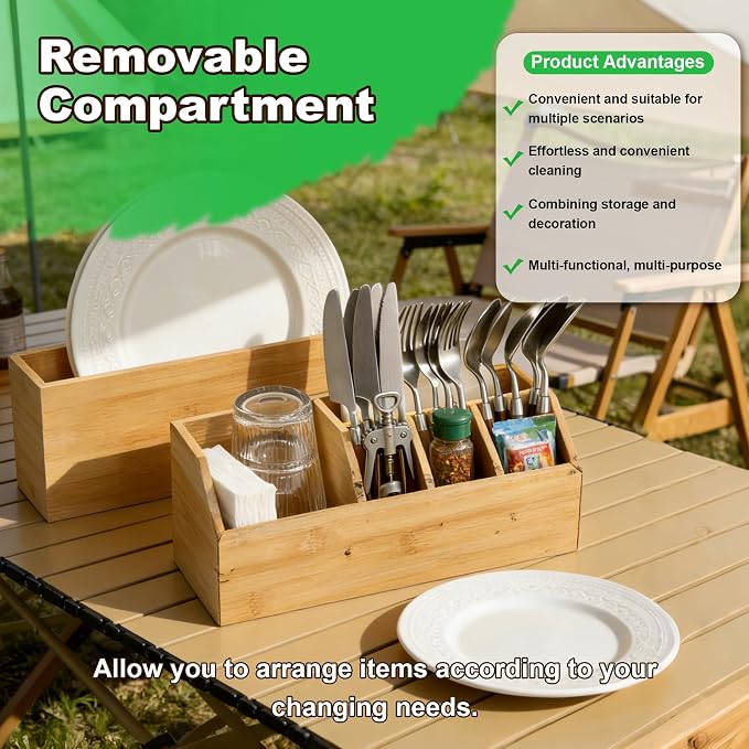 Large Kitchen Utensil Holder Caddy, 6 Compartments Wooden Utensils Organizer for Cooking Utensils, Silverware, Paper Plate, Spoon, Fork, Cutlery Storage on Kitchen Countertop for Party Hosting