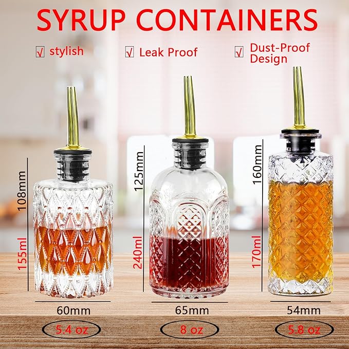Aimery Coffee Syrup Dispenser Bottles Set - 3 Pack Simple Syrup Bottles with Metal Pour Spout and Dust Caps,For Syrups,Honey,Olive Oil,Condiments,Syrup Dispenser for Coffee Bar with Labels
