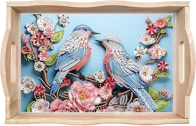 BAYUNOE DIY Diamond Serving Tray Rectangular Breakfast Tray with Handle Handmade Diamond Art Painting Wooden Tray Spring Creative Dinner Plate Coffee Room Living Home Organizer-Bird Flower