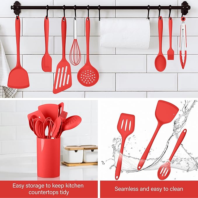 HaWare 11 PCS Silicone Cooking Utensils Set, Heat Resistant Kitchen Utensils with Holder, Food-grade Spatula Sets for Nonstick Cookware, Kitchen Tools Gadgets Include Fish Turner, Spoon (Red)