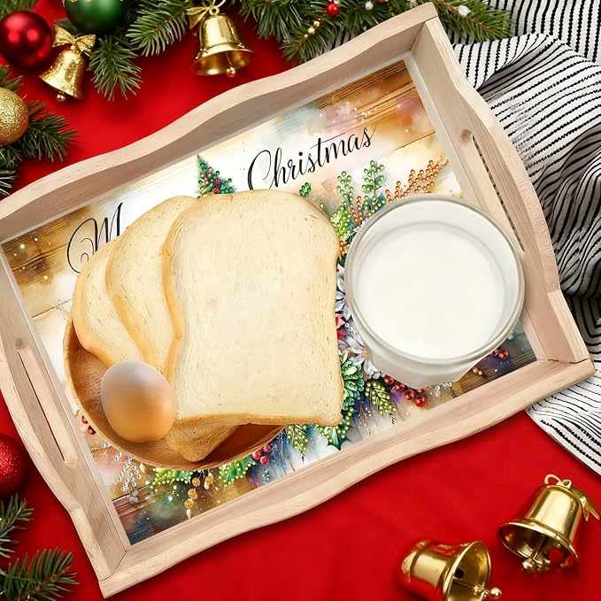 BAYUNOE DIY Diamond Serving Tray Christmas Rectangular Breakfast Tray with Handle Handmade Diamond Art Painting Wooden Tray for Dinner Plate Coffee Room Living Home Organizer-Christmas Flowers
