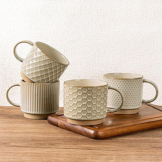 GBhome 12OZ Stackable Coffee Mugs, Ceramic Coffee Mugs with Texture Patterns for Man,Woman,Dad,Mom, Modern Coffee Mugs Set of 4 for Latte/Cappuccino/Cocoa. Dishwasher&Microwave Safe, Pale Khaki