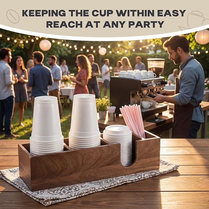 Novabright 4 Compartments Coffee Cup Holder for Countertop Cup Lid and Straw Dispenser Coffee Station Organizer Bar Accessories for Breakroom Restaurant, 15.3 x 4.7 x 4(Wood Color,Acacia Wood)