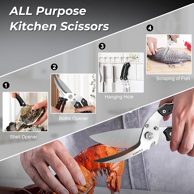 Kitchen Scissors All Purpose Kitchen Shears Heavy Duty for Cutting Chicken, Turkey, Meat, Bones, Vegetables Stainless Steel Spatchcock Shears Multipurpose Food Scissors (Black)