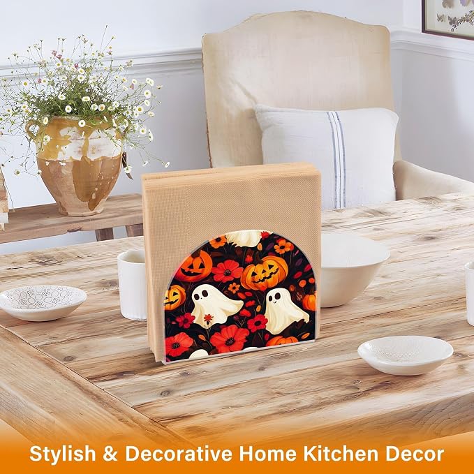 Napkin Holder Acrylic Napkin Holder for Table Kitchen Party Restaurant U Shaped Upright Napkin Dispenser Organizer Halloween Ghost Pumpkin and Poppy