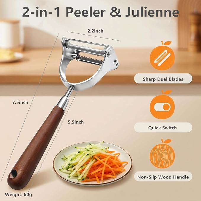 Aniso 2-in-1 Stainless Steel Vegetable Peeler and Julienne | Cutter with Ergonomic Non-Slip Wooden Handle for Potatoes, Apples, Carrots, veggie, Essential Kitchen Tool