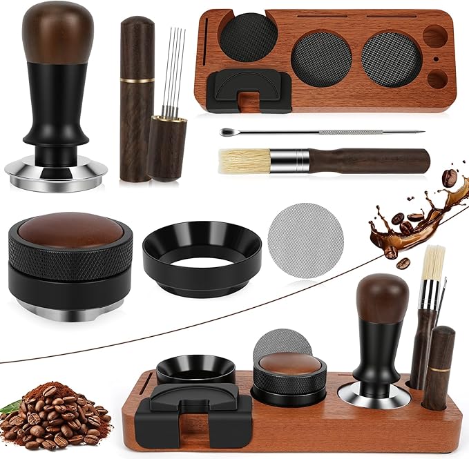 8 PCS Espresso Accessories Kit, 58mm Espresso Tamper Kit Coffee Tamper Set with Coffee Distributor, Espresso Tamping Station, Espresso WDT Stirrer,Dosing Funnel, Fits Breville 58 mm Portafilter