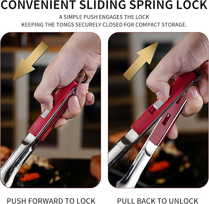 304 stainless steel kitchen tongs for cooking,2 pack set With a locking mechanism and an automatic release feature for Grilling, Cooking and Flipping