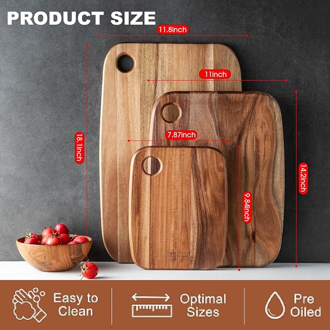 Acacia Wood Cutting Boards Set of 3 for Kitchen, Large Wooden Cutting Board Set, Thick Chopping Board,Butcher Block,Wooden Trays for Meat, Fruit Vegetable and Cheese