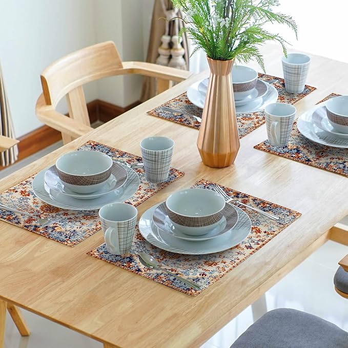 Ethnic Boho Placemats Set of 6 Bohemian Carpet Vintage Orange Grey Floral Linen Washable Kitchen Dining Table Mats Stain Heat-Resistant Desktop Decor Place Mats for Home Party Indoor 12x18 in