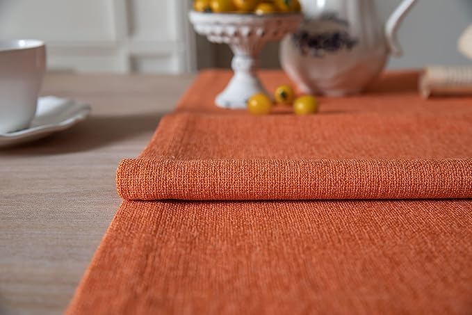 ZeeMart Burlap Style Farmhouse Table Runners 48 Inches Long, Burnt Orange Rustic Woven Dining Fall Table Runner for Everyday Use, 14x48 Inches, Harvest Pumpkin