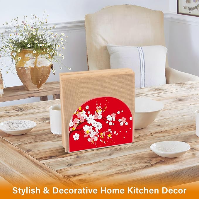 Japaneses Tree Red Cherry Bloom Napkin Holder for Tables Paper Cocktail Napkin Holders for Kitchen and Dinning, Acrylic Dinner Napkin Dispenser for Restaurant Home Decor Bar Accessories 1 Pack