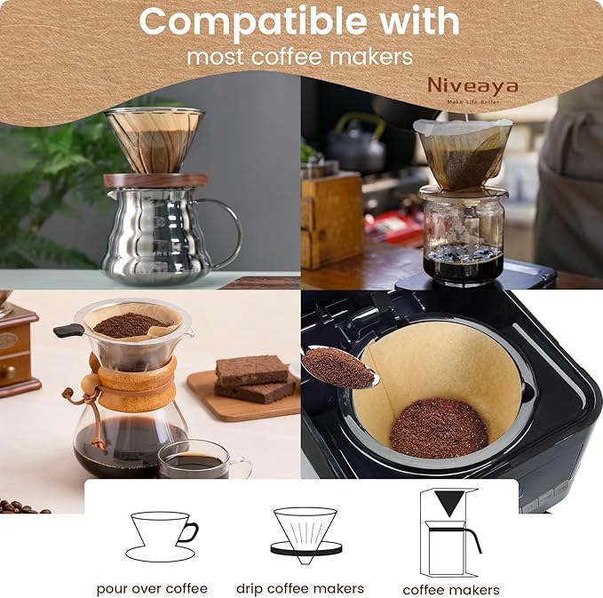 Niveaya 200 Count Coffee Filters #4, Unbleached Natural Brown Coffee Filters 8-12Cup, Disposable Cone Paper Fliters for Pour Over and Drip Coffee Maker (Pack of 2)