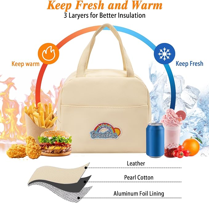 Preppy Lunch Box for Women Small Personalized Insulated Lunch Bag for Adults Reusable Freezable Lunchbox Cooler Tote for Office Work Picnic Beach Rainbow