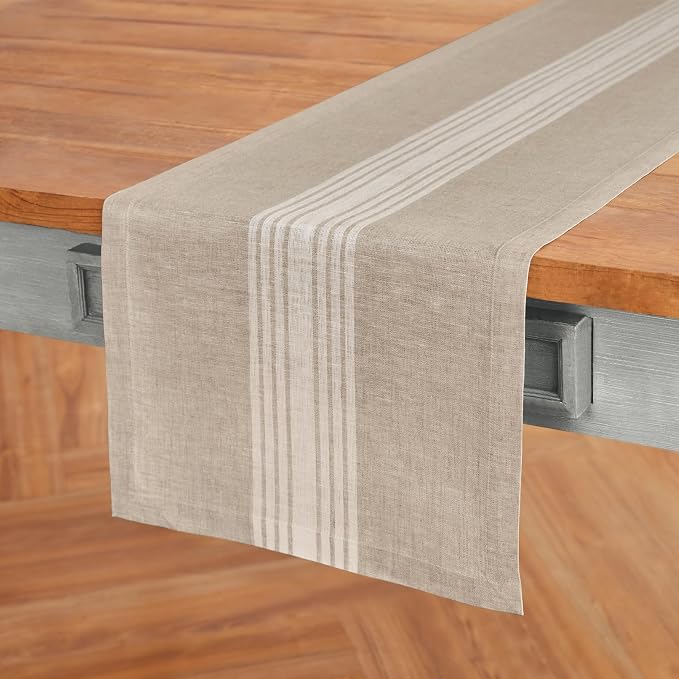 Solino Home Stripe Linen Table Runner 72 Inches Long - 100% Pure Linen White and Natural Farmhouse Table Runner 14 x 72 Inch for Dining, Dresser, Summer