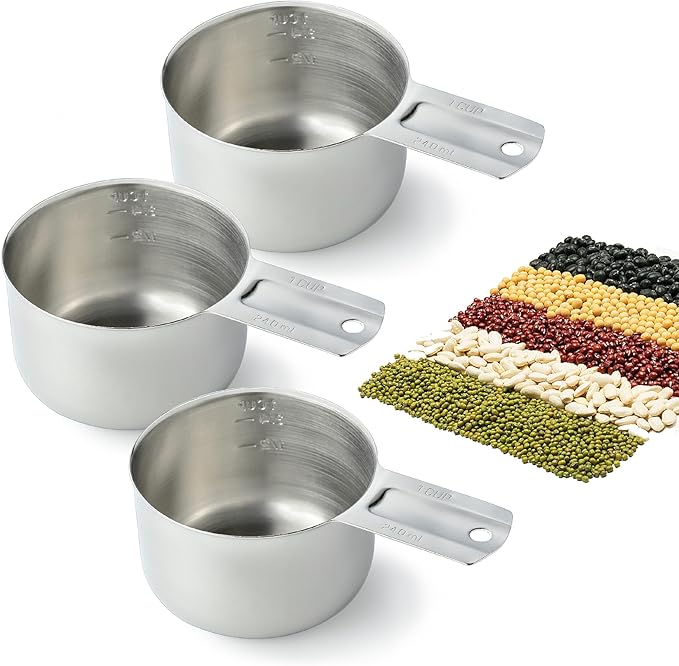 3PCS Measuring Cup, HIA 1 Cup Stainless Steel Metal Measuring Cups with Ergonomic Handle, Great for Wet and Dry Ingredients