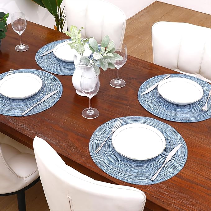 SHACOS Round Braided Placemats Set of 12 Circle Place Mats Cotton Polyester Kitchen Table Mats for Dining Table Wedding Party Decor (Blue Gray, 12)