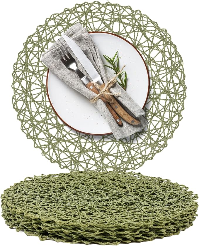 AHHFSMEI Paper Braided Round Placemats Set of 6 Natural Non-Slip Heat Resistant Table Mats for Dining Tables Woven Indoor & Outdoor Place mats(Green)
