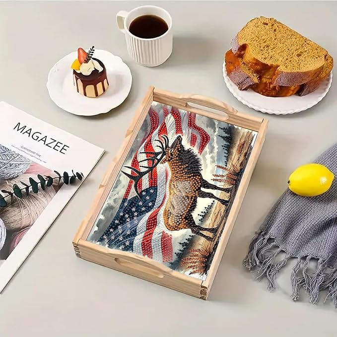 BAYUNOE DIY Diamond Serving Tray Rectangular Breakfast Tray with Handle Handmade Diamond Art Painting Wooden Tray Spring Creative Dinner Plate Coffee Room Living Home Organizer-USA Moose