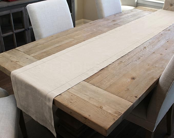 CleverDelights Natural Linen Hemstitch Table Runner - 16" x 72" - 100% Linen