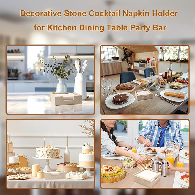 Cocktail Napkin Holder,Travertine Stone Napkin Holders Fit for 5”x5” Cocktail-Sized Napkins,Stone Napkin Holder for Table Kitchen Counter Dining Room Party Bar Decor,Beige