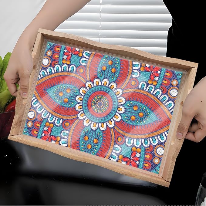 Generic DIY Diamond Serving Tray Rectangular Upgrade Increase Breakfast Tray with Handles Handmade Diamond Art Painting Wooden Tray Dinner Plate for Coffee Living Room Home Organizer-Mandala04