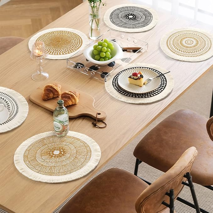 LOMOHOO Set of 6 Round Placemats 13 Inch Fall Table Mats Boho Cotton Woven Mandala Tassels Heat Proof Washable Circle Place Mat for Kitchen Dining Wedding Farmhouse Home Decoration
