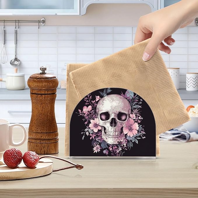 Fustylead Skull and Floral Gothic Black and Purple Napkin Holder for Table Acrylic Vertical Napkin Holders for Paper Napkins Decor Napkin Dispenser for Home Party Dining Cocktail Kitchen, 2 Pack