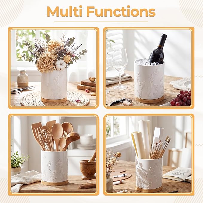 360° Rotating Extra Large Ceramic Utensil Holder 7.7" Kitchen Utensil Holder with Embossed Pattern Cooking Utensils Crocks for Kitchen Countertop