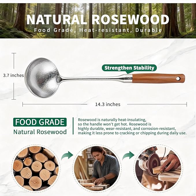 Newness Soup Ladle, [Rustproof, Heat Resistance] Resilient Pure Titanium Soup Spoon with Long Ergonomic Natural Wooden Round Handle, Non-Toxic Cooking Spoon for Kitchen, 14.56 Inches